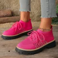 Women's pink breathable mesh platform sneakers with lace-up front and thick sole - Rose Red