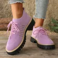 Breathable purple knit platform sneakers for women with lace-up front design and thick sole - Violet