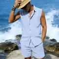 Men's light blue sleeveless linen shirt and shorts two-piece set for beach vacations - Light Blue