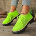 Neon green platform sneakers with breathable knitted mesh and lace-up front for women. - Cyan