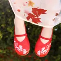 Red traditional embroidered Hanfu shoes for girls featuring delicate pink floral patterns - 25 / Red