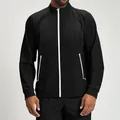 Sustainable men's black athletic jacket with stand collar and white contrast zippers - S / Tops / Premium Black