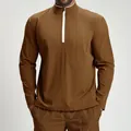 Men's brown quick-dry sports pullover with white half-zip contrast detail, variant view - S / Top (ECX1157) / Brown Red