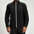 Men's eco-friendly black sports jacket with contrast white zipper and stand collar. - S / Tops / Black & White