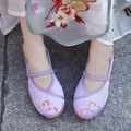 Elegant purple girls' cloth shoes featuring delicate pink floral embroidery for Hanfu - Purple