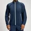 Men's navy blue recycled outdoor sporty jacket with a contrasting white zipper and stand collar - S / Tops / Dark Blue
