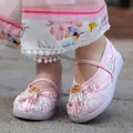 Pink satin Hanfu embroidered shoes for girls with floral patterns and pearl tassels. - 25 / Pink