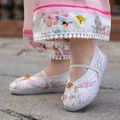 Traditional Chinese children's Hanfu embroidered white satin shoes with butterfly pattern - 25 / White