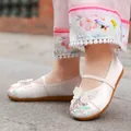 Traditional girls' white Hanfu shoes with elegant floral embroidery and butterfly detail - 25 / White