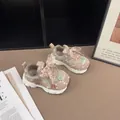 Macro detail of breathable floral lace girl sneakers with elegant 3D flower ornaments - 26/Inner Length 16cm / Khaki Four Seasons