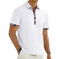 Detailed view of white men's Polo shirt featuring Navajo style striped collar and cuffs - White