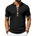 Detail of men's black polo shirt with colorful Navajo pattern on collar and sleeves. - S / Tops / Black