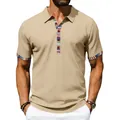 Khaki men's Navajo style polo shirt with colorful striped cuff and placket details - S / Tops / Khaki
