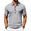 Detailed view of a gray men's polo shirt with colorful Navajo-style patterned trim. - S / Tops / Light Gray