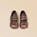 Top view of vintage brown girls Mary Jane shoes with double buckles and bow detail - 27 (Inner Length 17.2cm) / Mary Jane Style (V1858032) / Dark Brown