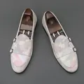 Luxury iridescent camouflage pattern men's double monk strap pointed toe dress shoes - 38 / Double Monk Strap Style (7955) / White