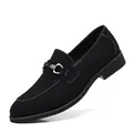 Elegant black suede men's pointed-toe loafers with metal buckle and white stitching - 39 / Black