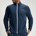 Heren sportjas in marineblauw met witte contrastrits en comfortabele opstaande kraag - S / Tops / Donkerblauw