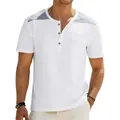 Close-up detail of white men's Henley T-shirt with gray shoulder patchwork and front pocket - S / Tops / White