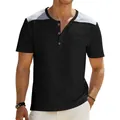 Detail view of men's retro black Henley t-shirt featuring grey contrast shoulder patches - S / Tops / Black