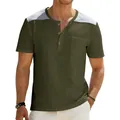 Detailed view of olive green retro Henley T-shirt featuring contrast shoulder panels and pocket - S / Tops / Army Green