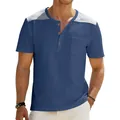 Men's vintage Henley t-shirt with blue body, grey shoulder patches, and chest pocket - S / Tops / Denim Blue