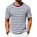 Close-up detail of men's navy striped oversized cotton t-shirt with orange pocket label - S / Tops / Striped Navy Blue