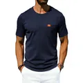 Front view of men's navy blue oversized round neck T-shirt with a chest pocket - S / Tops / Navy Blue