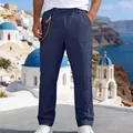 Stylish men's loose linen straight-leg pants with adjustable drawstring waist in navy blue - S / Bottoms / Navy Blue