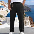Detail of men's loose black linen casual straight-leg pants with drawstring waist - S / Bottoms / Black