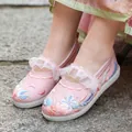 Elegant pink embroidered girls' Hanfu shoes with delicate white lace trim detail - 25 / Pink