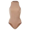 Seamless high elasticity ribbed bodysuit with high neck in nude beige color skin tone - S / Tops / Apricot