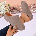 Casual women's platform mules with perforated floral pattern and round toe for summer - 36 / Khaki
