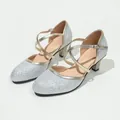 Comfortable silver glitter dance shoes for women featuring gold straps and kitten heels - 36 / Silver