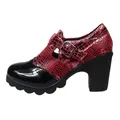 Red and black snakeskin pattern chunky heel pump with patent leather toe and buckle - 38 / Chunky Heel Pumps (SX-9) / Snake Pattern Red