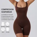One-piece brown plus size compression bodysuit with wide straps for tummy control and lifting - 3XL / Top And Bottom / Brown