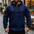 Mens navy blue multi-pocket warm drawstring hoodie with half zipper in street style - S / Tops / Navy Blue