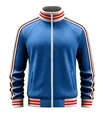 Blaue Herren-Sportjacke mit Stehkragen sowie rot-weiß gestreiften Rippbündchen am Saum - S / Oberteile / Saphirblau