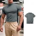 Men's tight grey mock neck short sleeve t-shirt slim fit compression base layer top - S / Tops / Gray