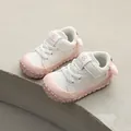 Toddler white and pink soft-sole walking shoes with velcro straps and cute pom-poms - Size 16 (Inner Length 12cm) / Plush Ear Hook-and-Loop Walker Shoes (0700) / Pink