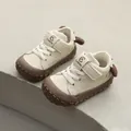 Beige toddler walking shoes with soft sole, anti-collision toe, and cute bear ears - Size 22 (Inner Length 14cm) / Plush Ear Hook-and-Loop Walker Shoes (0700) / Beige