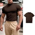Men's dark brown athletic slim fit mock neck short sleeve t-shirt compression top - S / Tops / Brown