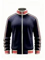 Detailansicht der dunkelblauen Herren-Sportjacke mit rot-weißen Strickbündchen und Streifen - S / Oberteile / Marineblau