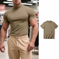 Men's slim fit mock neck short sleeve T-shirt in khaki brown summer base layer - Khaki
