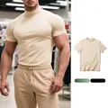 Professional men's slim fit half turtleneck short sleeve T-shirt in beige rib knit. - Apricot