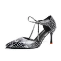 Elegant black and white snake print stiletto sandals with pointed toe and ankle straps - 35 / Silver