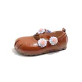 Braune Mary Jane Lederschuhe für Mädchen mit Stoffblumen und weicher Sohle. - Größe 23 (Innenlänge 14,5 cm) / Braun
