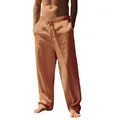 Full view of men's loose breathable linen trousers in stylish ochre brown color. - Earthy Yellow