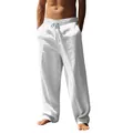 Close-up detail of breathable white loose linen casual drawstring trousers for men - S / Bottoms / White