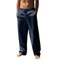 Men's loose-fit linen casual trousers featuring a drawstring waist and breathable fabric. - Navy Blue